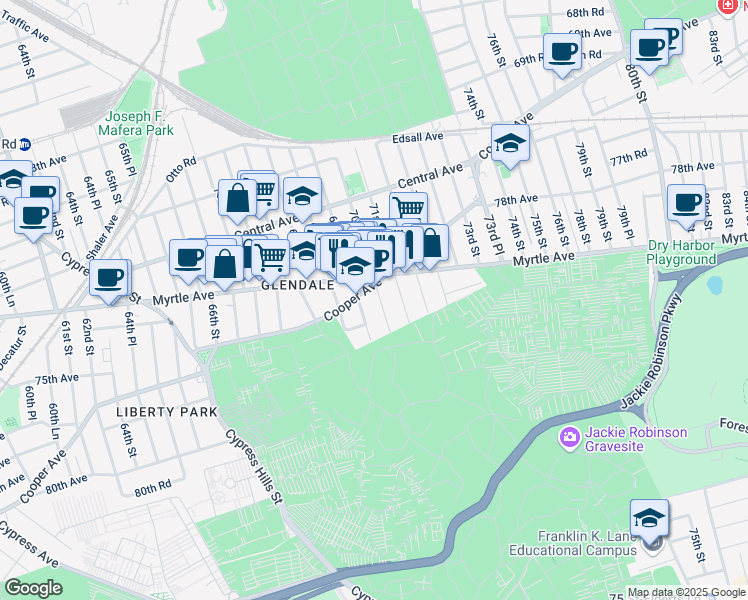 map of restaurants, bars, coffee shops, grocery stores, and more near 73-20 70th Street in Queens