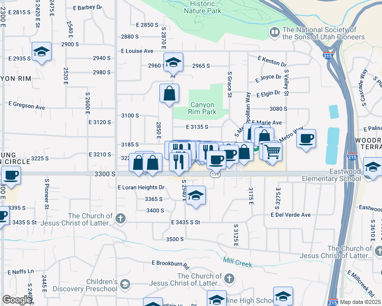 map of restaurants, bars, coffee shops, grocery stores, and more near 2961 3215 South in Salt Lake City