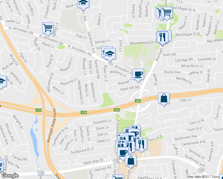 map of restaurants, bars, coffee shops, grocery stores, and more near 559 Sand Hill Road in Wantagh