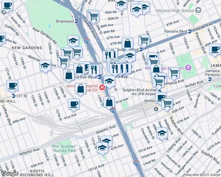 map of restaurants, bars, coffee shops, grocery stores, and more near 137-11 90th Avenue in Queens