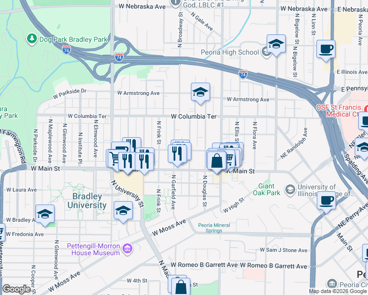 map of restaurants, bars, coffee shops, grocery stores, and more near 831 West Russell Street in Peoria