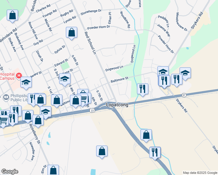 map of restaurants, bars, coffee shops, grocery stores, and more near 142 Red School Lane in Phillipsburg