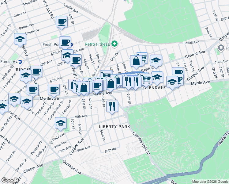 map of restaurants, bars, coffee shops, grocery stores, and more near 65-8 Myrtle Avenue in Queens