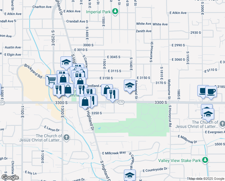 map of restaurants, bars, coffee shops, grocery stores, and more near 3211 South 1530 East in Salt Lake City