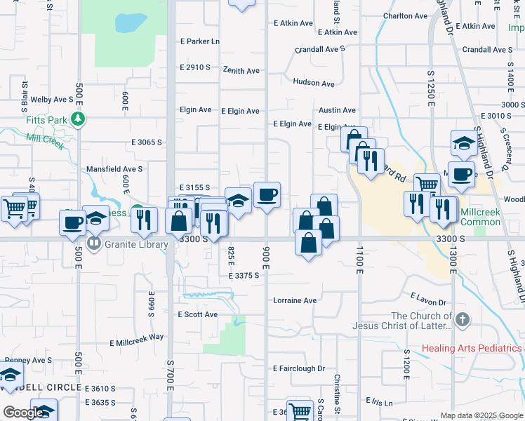 map of restaurants, bars, coffee shops, grocery stores, and more near 3200 South 900 East in Millcreek