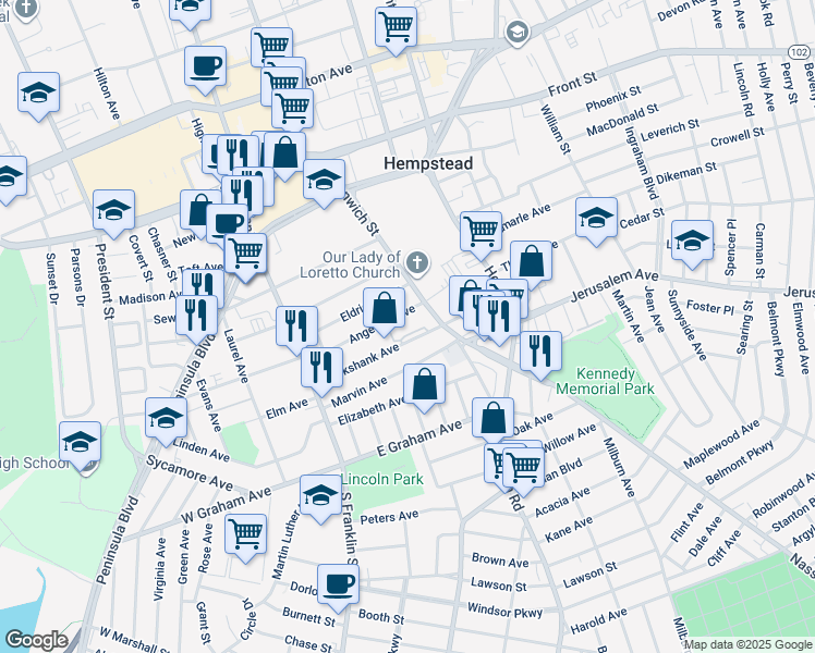 map of restaurants, bars, coffee shops, grocery stores, and more near 155 Greenwich Street in Hempstead