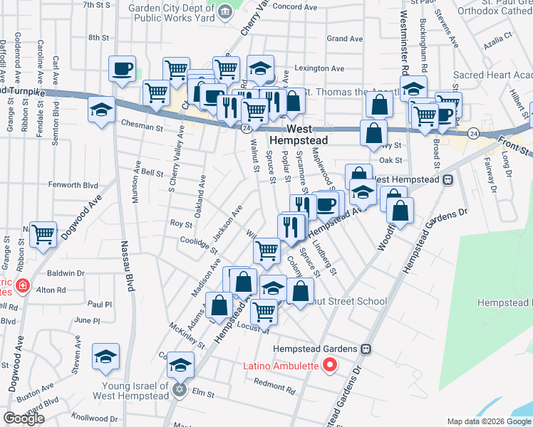 map of restaurants, bars, coffee shops, grocery stores, and more near 144 Spruce Street in West Hempstead