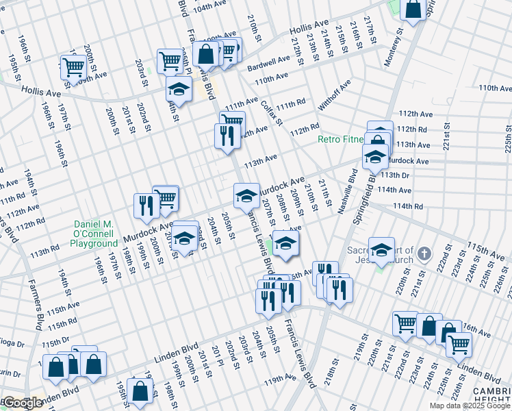 map of restaurants, bars, coffee shops, grocery stores, and more near 114-28 207th Street in Queens