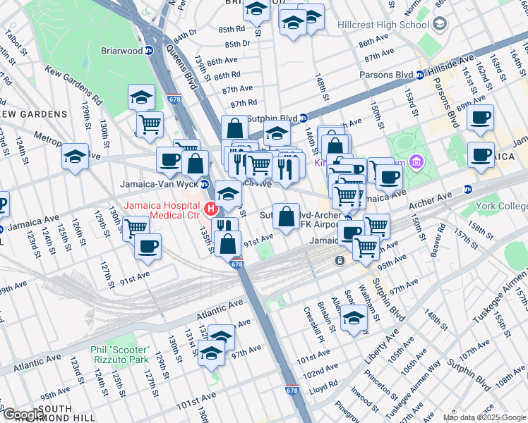 map of restaurants, bars, coffee shops, grocery stores, and more near 138-18 90th Avenue in Queens