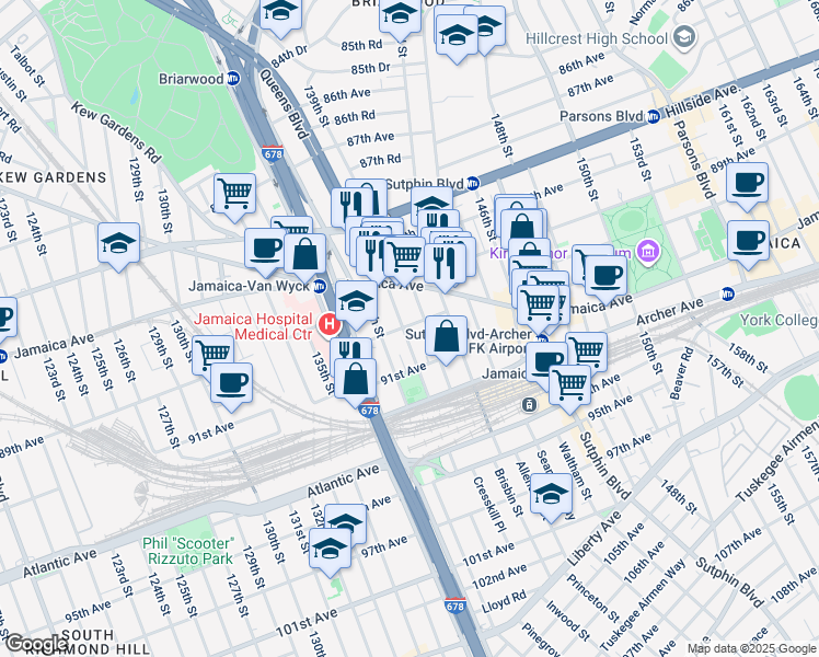 map of restaurants, bars, coffee shops, grocery stores, and more near 138-18 90th Avenue in Queens