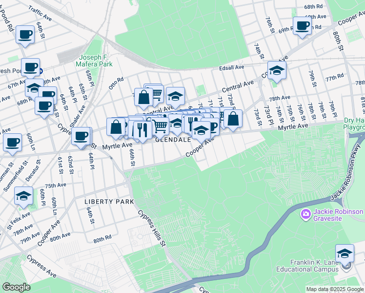 map of restaurants, bars, coffee shops, grocery stores, and more near in Queens