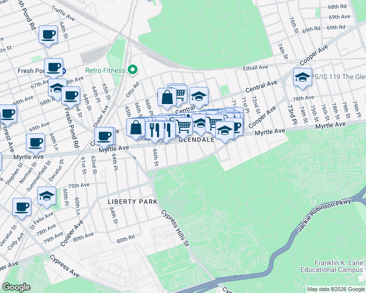 map of restaurants, bars, coffee shops, grocery stores, and more near 72-18 67th Place in Queens