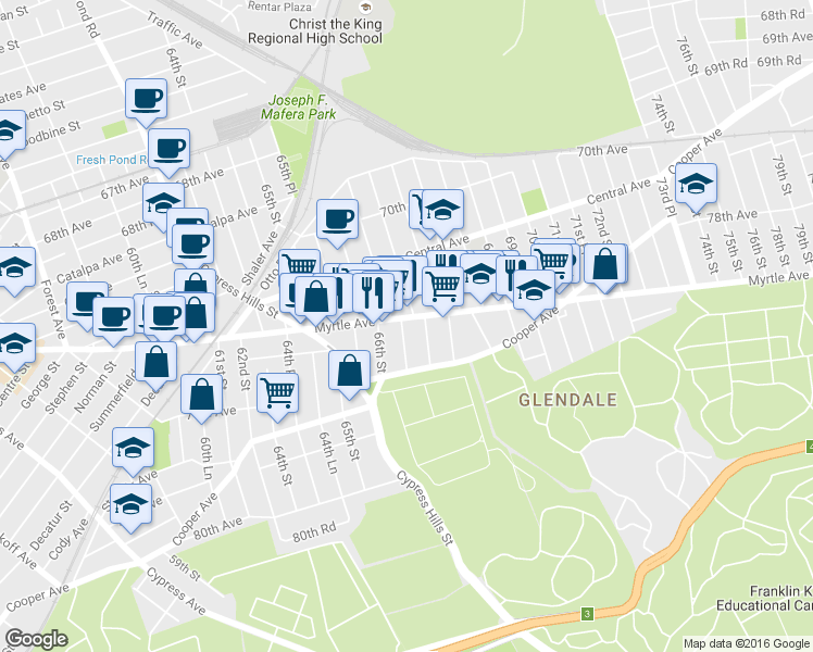 map of restaurants, bars, coffee shops, grocery stores, and more near 72-12 66th Place in Queens