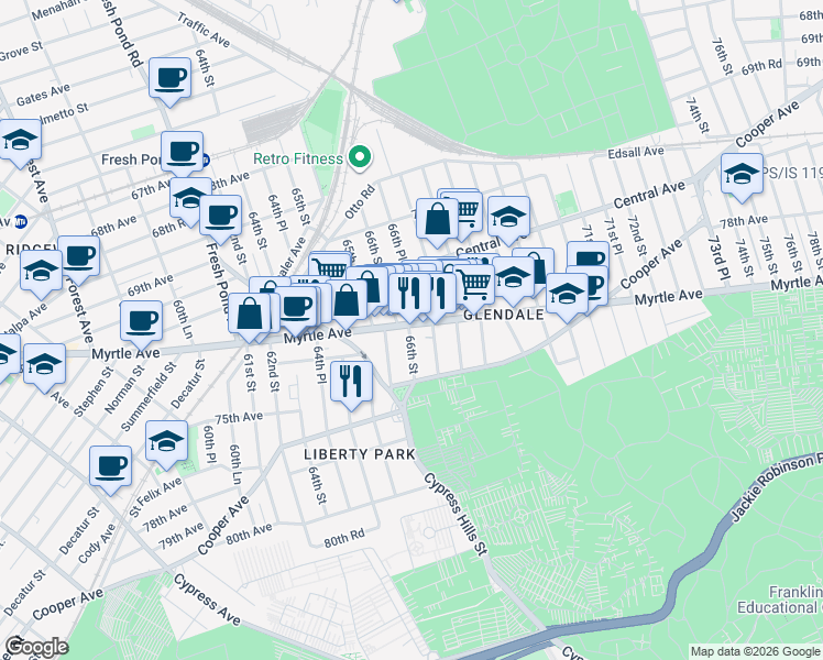 map of restaurants, bars, coffee shops, grocery stores, and more near 65-58 Myrtle Avenue in Queens