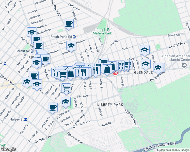 map of restaurants, bars, coffee shops, grocery stores, and more near 6207 Myrtle Avenue in Queens