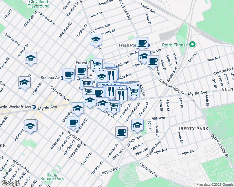 map of restaurants, bars, coffee shops, grocery stores, and more near 58-2 Myrtle Avenue in Queens