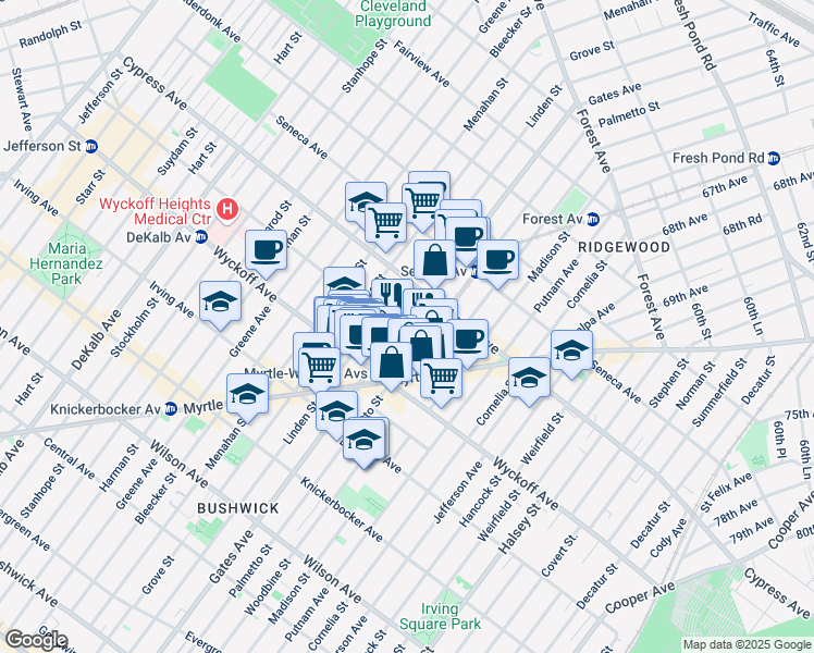 map of restaurants, bars, coffee shops, grocery stores, and more near 310 Saint Nicholas Avenue in Brooklyn