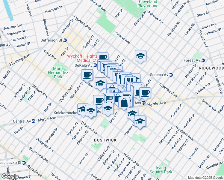 map of restaurants, bars, coffee shops, grocery stores, and more near 337 Bleecker Street in Brooklyn
