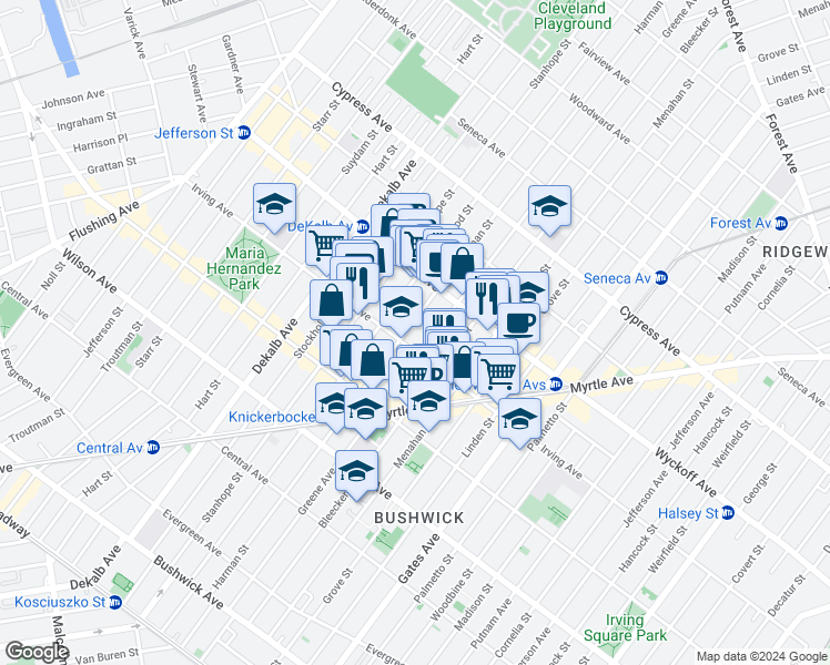 map of restaurants, bars, coffee shops, grocery stores, and more near 1395 Greene Avenue in Brooklyn