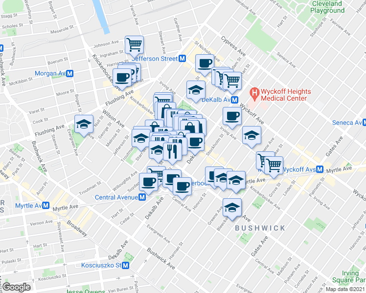 map of restaurants, bars, coffee shops, grocery stores, and more near 228 Suydam Street in Brooklyn