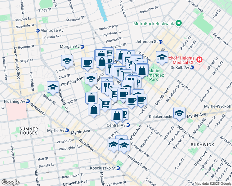 map of restaurants, bars, coffee shops, grocery stores, and more near 174 Jefferson Street in Brooklyn