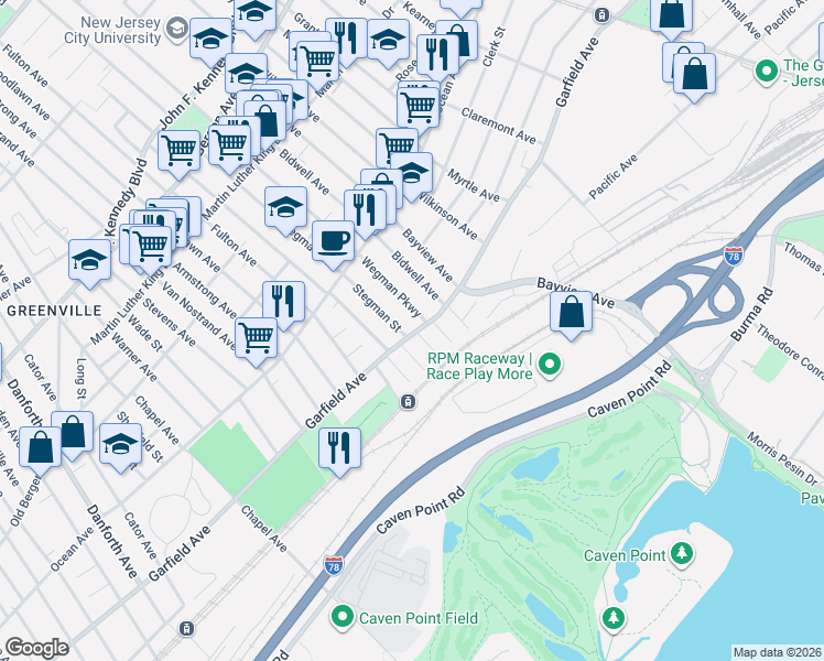 map of restaurants, bars, coffee shops, grocery stores, and more near 593 Garfield Avenue in Jersey City