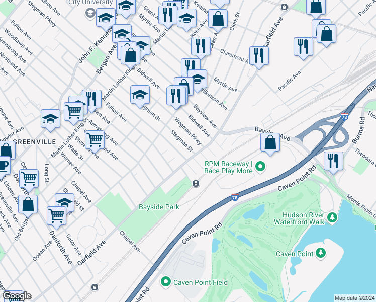 map of restaurants, bars, coffee shops, grocery stores, and more near 593 Garfield Avenue in Jersey City