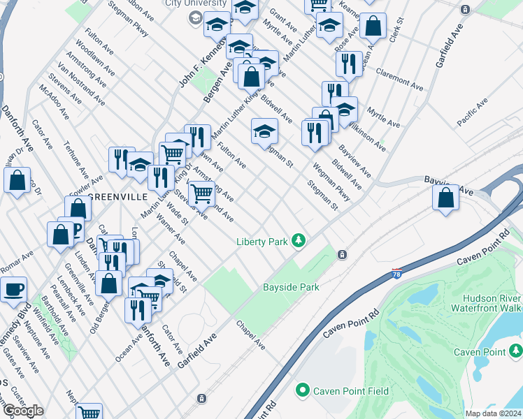 map of restaurants, bars, coffee shops, grocery stores, and more near in Jersey City