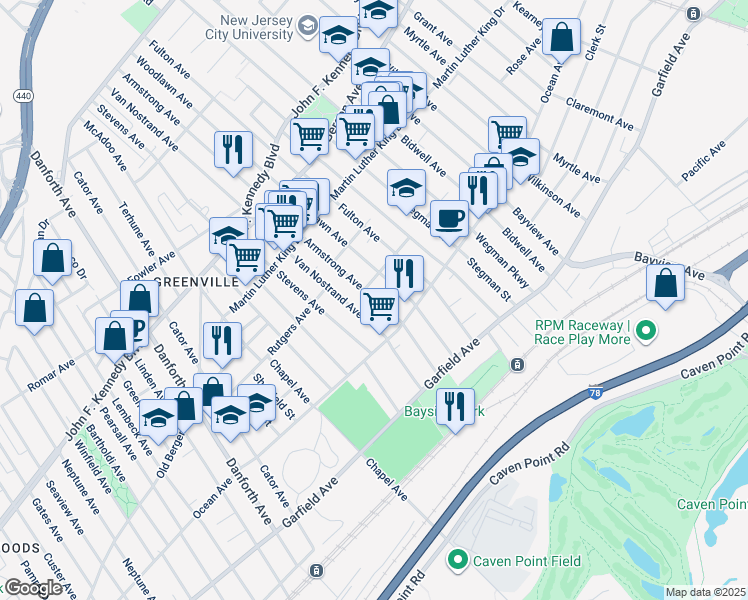 map of restaurants, bars, coffee shops, grocery stores, and more near 93 Armstrong Avenue in Jersey City