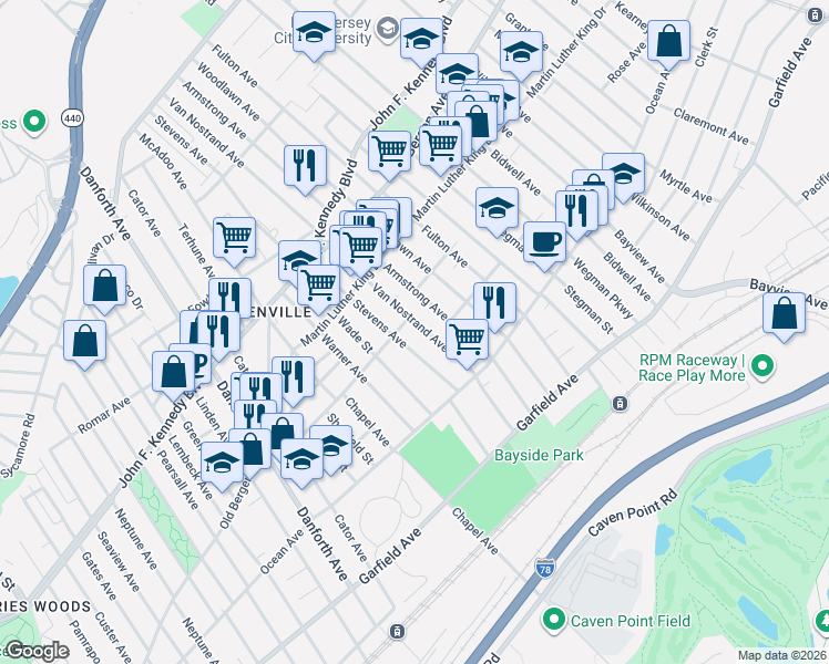 map of restaurants, bars, coffee shops, grocery stores, and more near 117 Van Nostrand Avenue in Jersey City