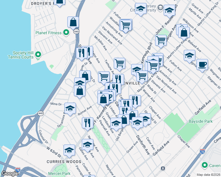 map of restaurants, bars, coffee shops, grocery stores, and more near 283 Danforth Avenue in Jersey City