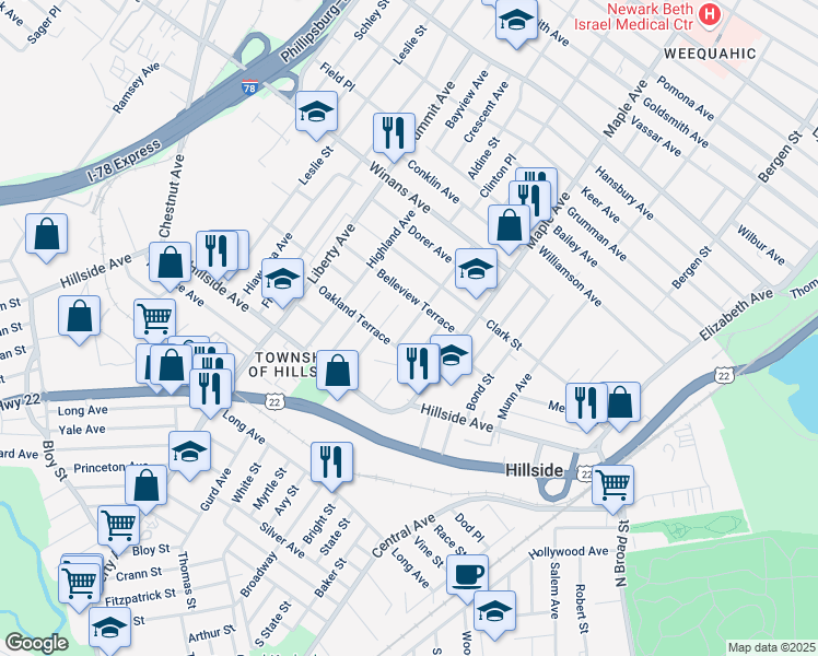 map of restaurants, bars, coffee shops, grocery stores, and more near 1438 Compton Terrace in Hillside