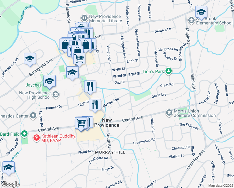 map of restaurants, bars, coffee shops, grocery stores, and more near 70 Marion Avenue in New Providence