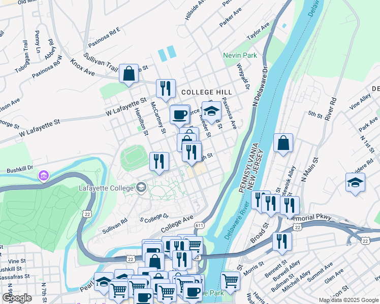 map of restaurants, bars, coffee shops, grocery stores, and more near 411 High Street in Easton