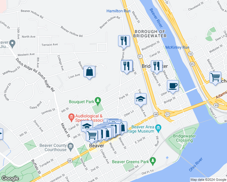 map of restaurants, bars, coffee shops, grocery stores, and more near 328 5th Street in Beaver