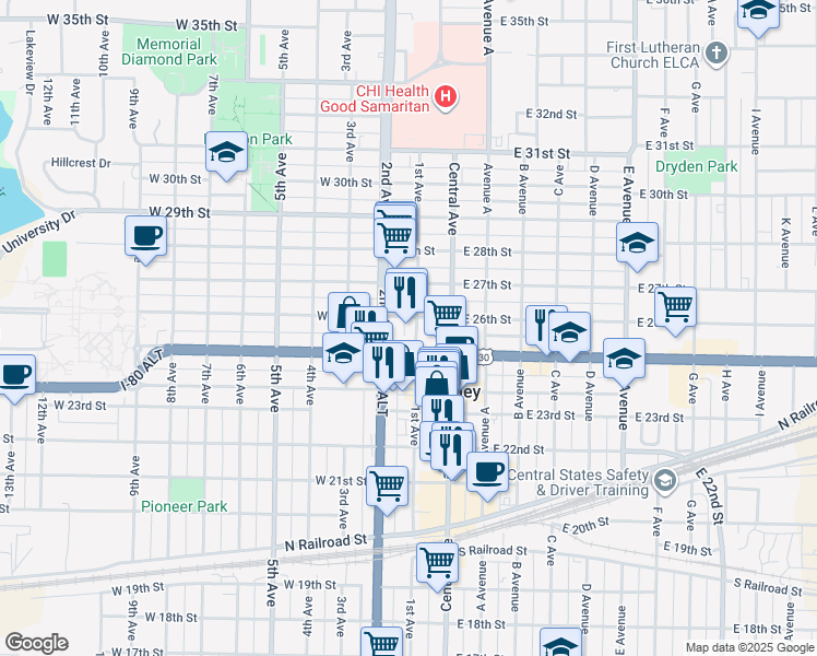 map of restaurants, bars, coffee shops, grocery stores, and more near 103 West 25th Street in Kearney