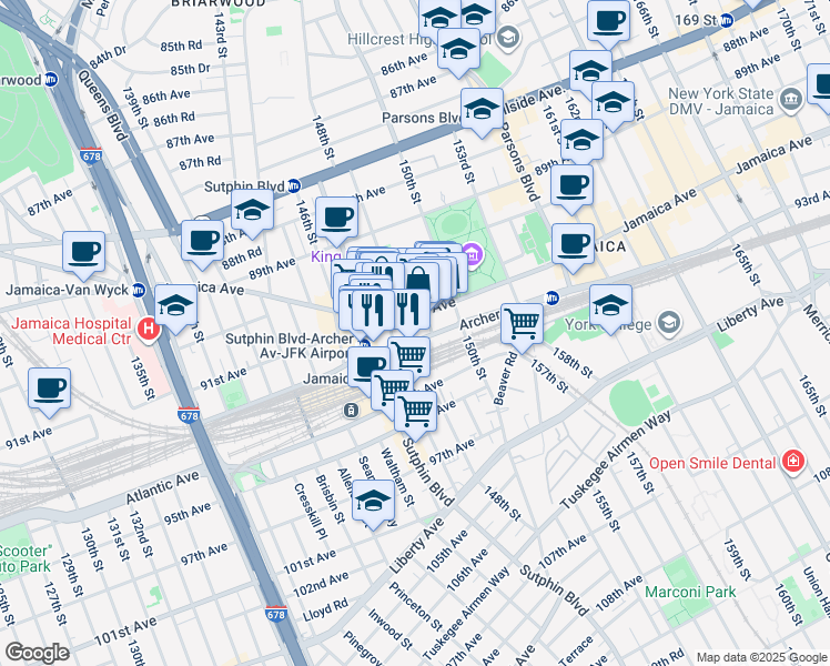 map of restaurants, bars, coffee shops, grocery stores, and more near 148-5 Archer Avenue in Queens