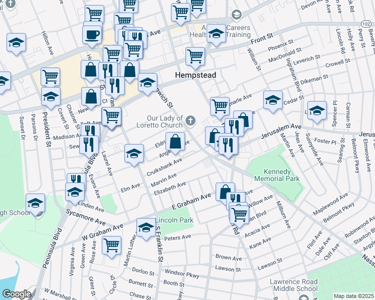 map of restaurants, bars, coffee shops, grocery stores, and more near 155 Greenwich Street in Hempstead