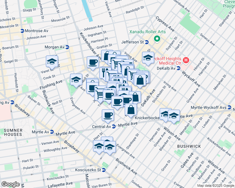 map of restaurants, bars, coffee shops, grocery stores, and more near 50 Starr Street in Brooklyn