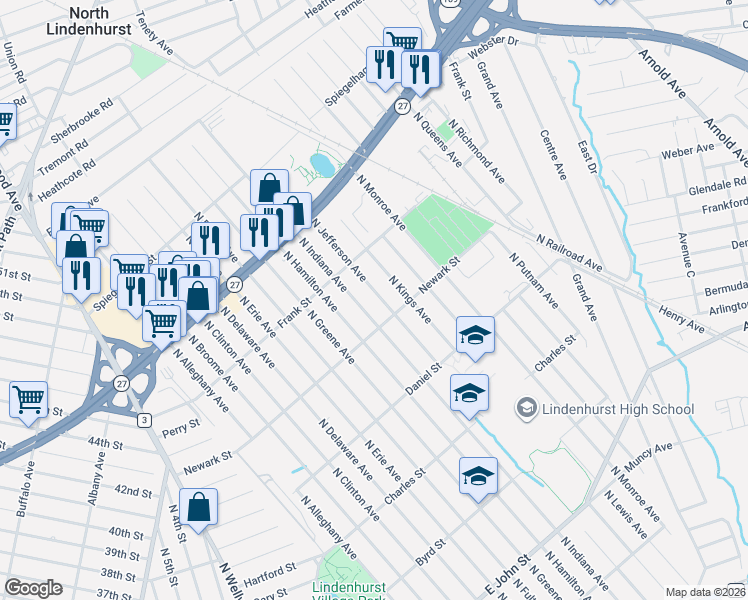 map of restaurants, bars, coffee shops, grocery stores, and more near 610 North Jefferson Avenue in Lindenhurst