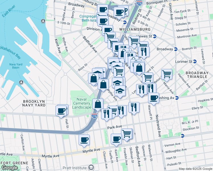map of restaurants, bars, coffee shops, grocery stores, and more near 723 Wythe Avenue in Brooklyn