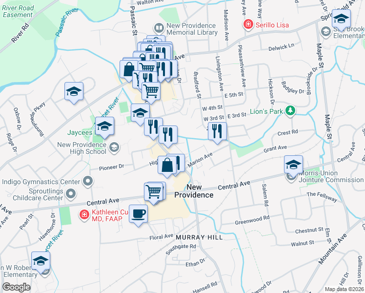 map of restaurants, bars, coffee shops, grocery stores, and more near 7 Douglas Street in New Providence