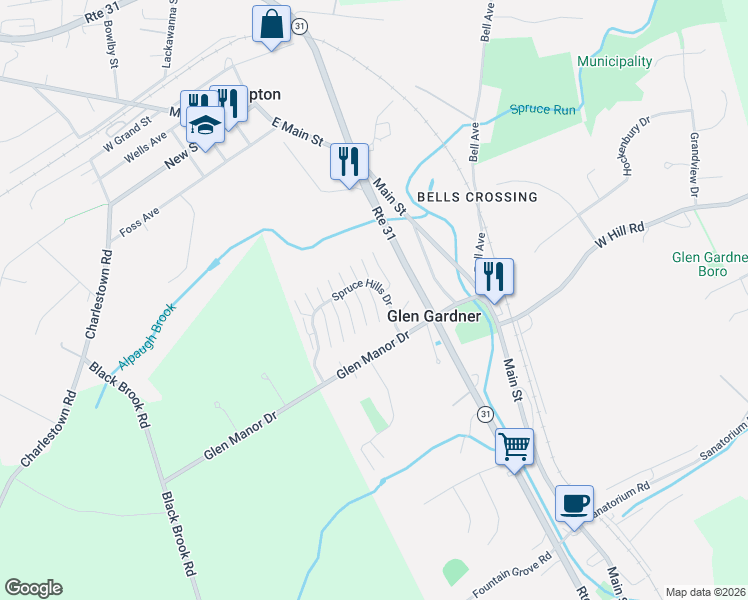 map of restaurants, bars, coffee shops, grocery stores, and more near 513 Spruce Hills Drive in Glen Gardner