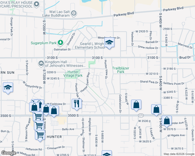 map of restaurants, bars, coffee shops, grocery stores, and more near 6839 Abbey Glen Way in West Valley City