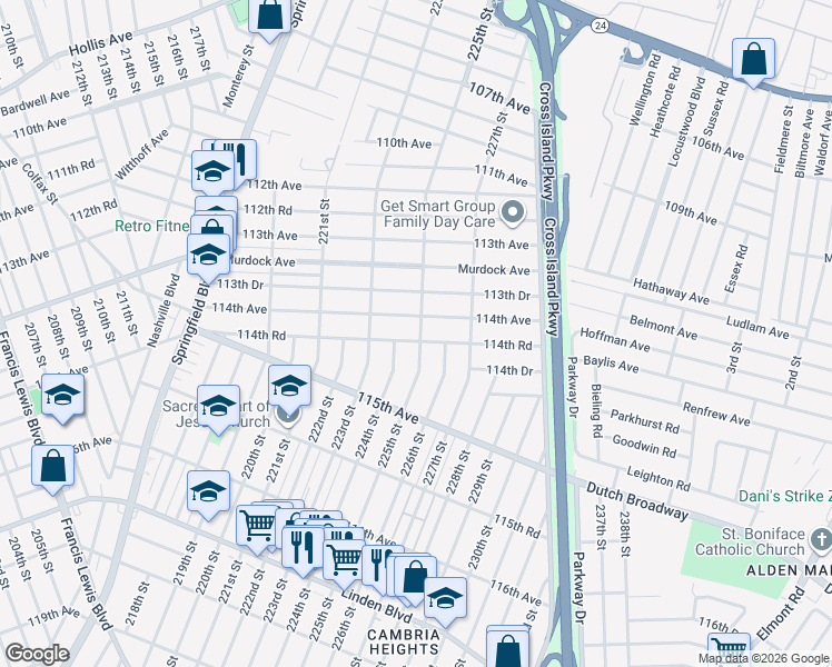 map of restaurants, bars, coffee shops, grocery stores, and more near 114-20 225th Street in Queens