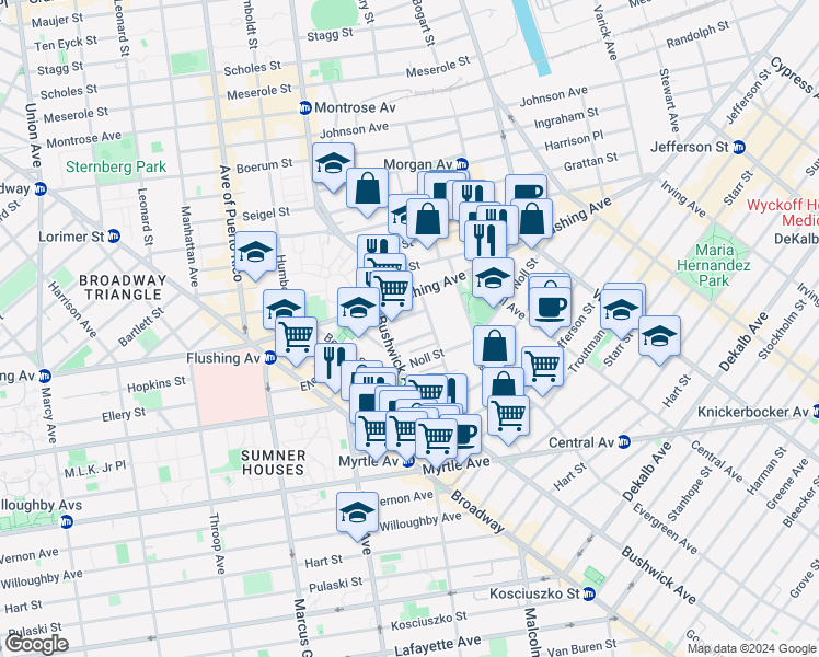 map of restaurants, bars, coffee shops, grocery stores, and more near 40 Forrest Street in Brooklyn
