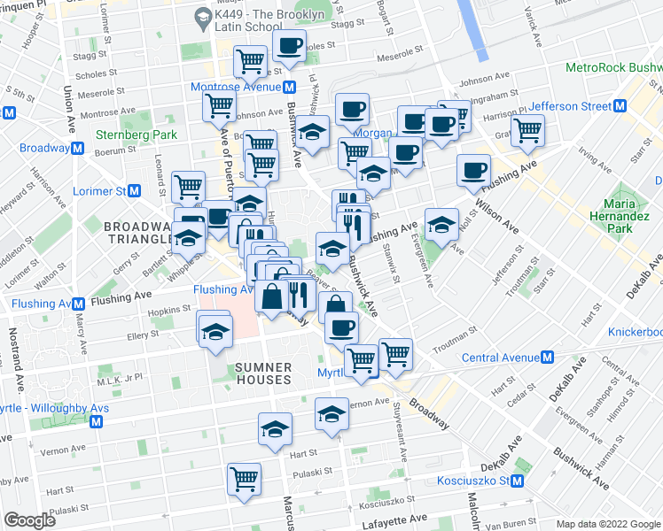 map of restaurants, bars, coffee shops, grocery stores, and more near in Brooklyn