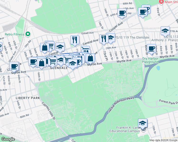 map of restaurants, bars, coffee shops, grocery stores, and more near 73-35 71st Street in Queens
