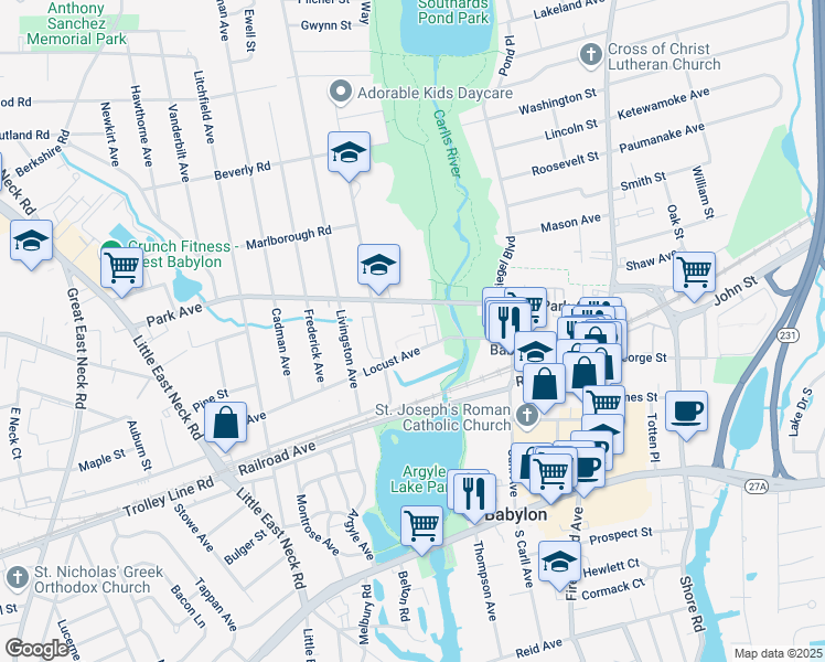 map of restaurants, bars, coffee shops, grocery stores, and more near 70 Friendly Court in Babylon