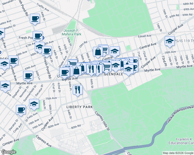 map of restaurants, bars, coffee shops, grocery stores, and more near 72-12 66th Place in Queens